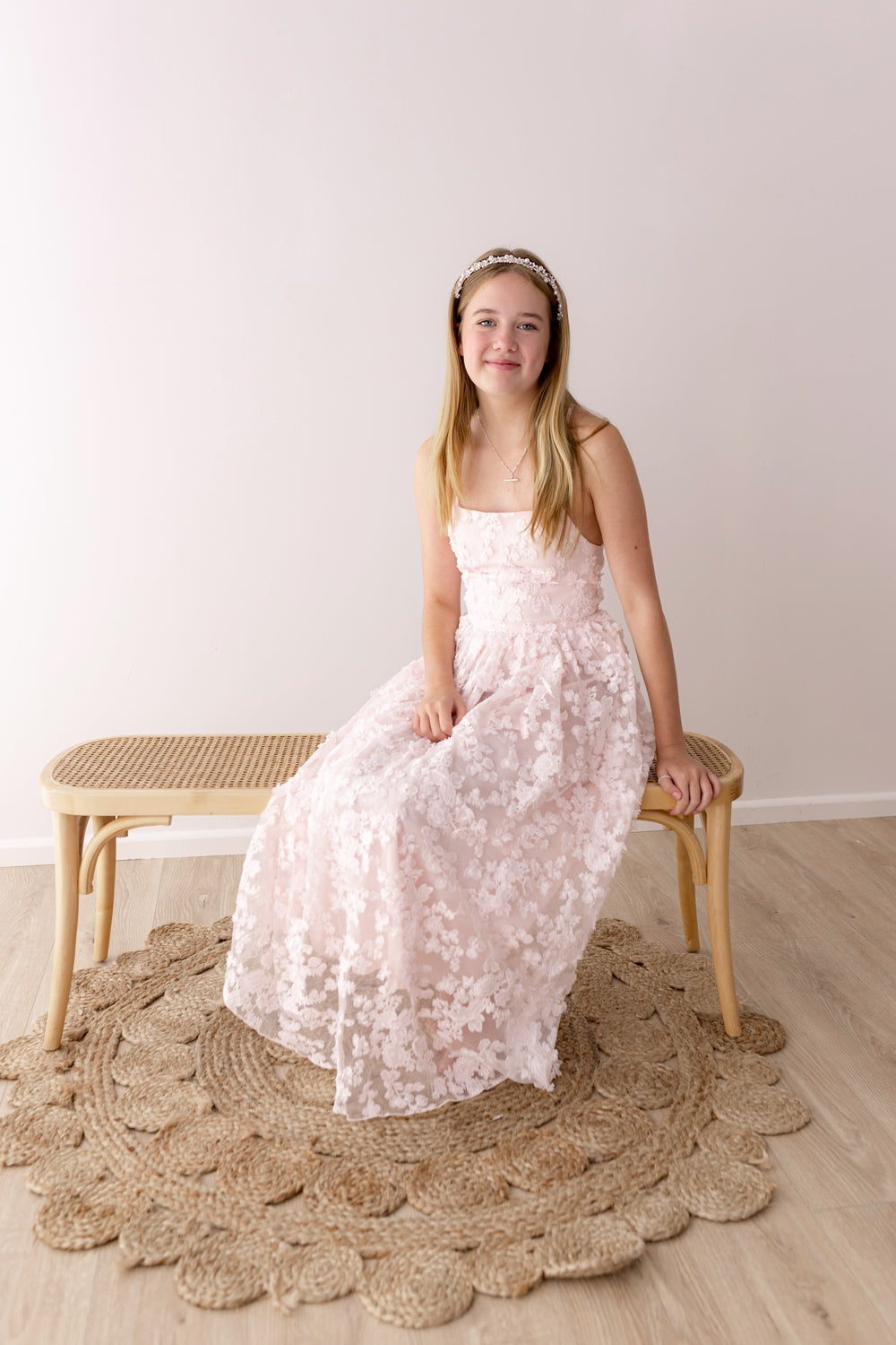 Light pink girls flower girl dress with full length skirt