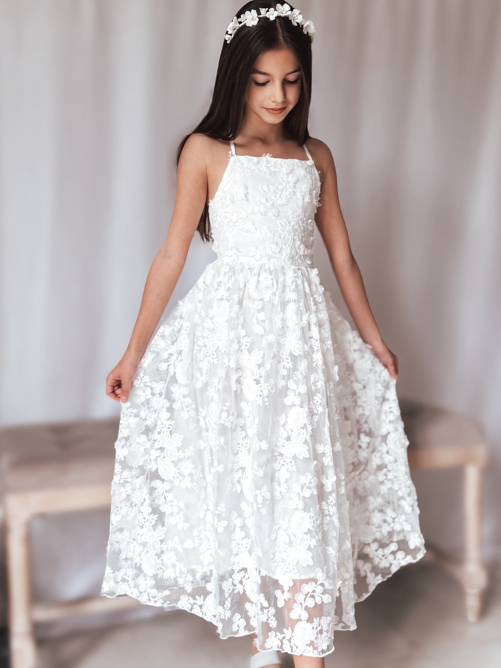 Clarissa White 3D Flower Girl Dress