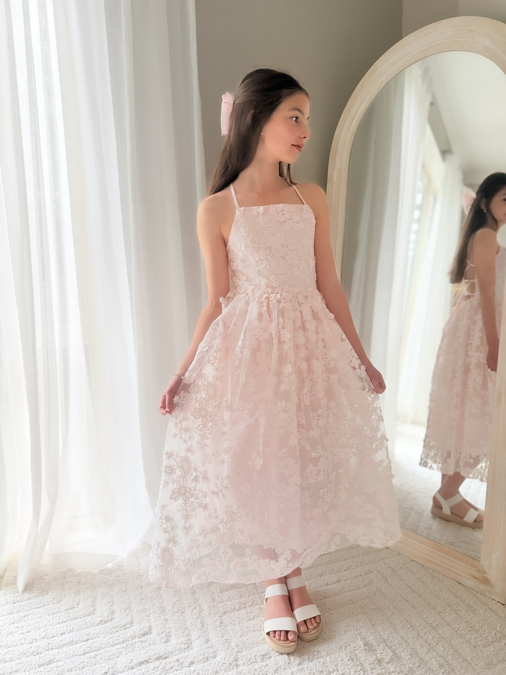 Front view of Clarissa Girls Light Pink Dress – elegant flower girl and special occasion gown