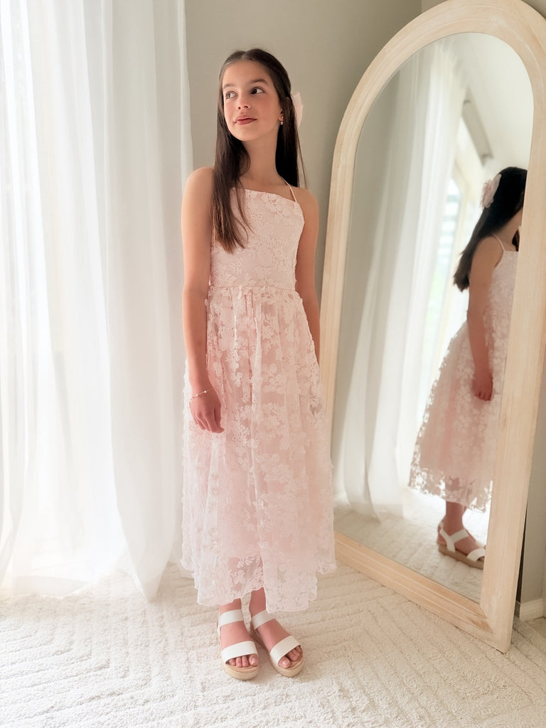 Clarissa Girls Light Pink Dress – full-length girls pink gown with 3D floral detailing by A Little Lacey
