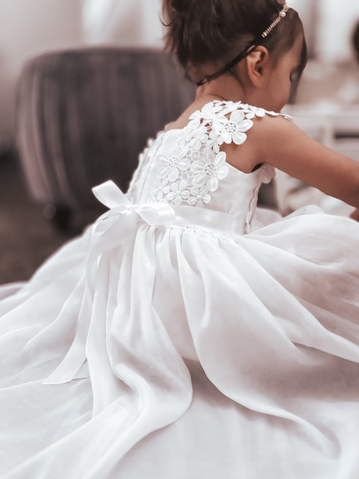 Elegant soft white lace dress for flower girl or baptism event