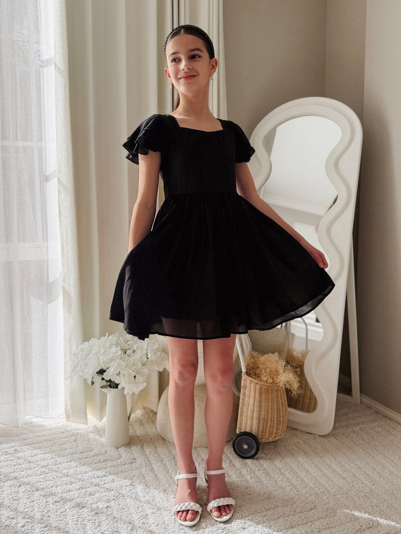 Calista Girls Black Mini Dress with flutter sleeves