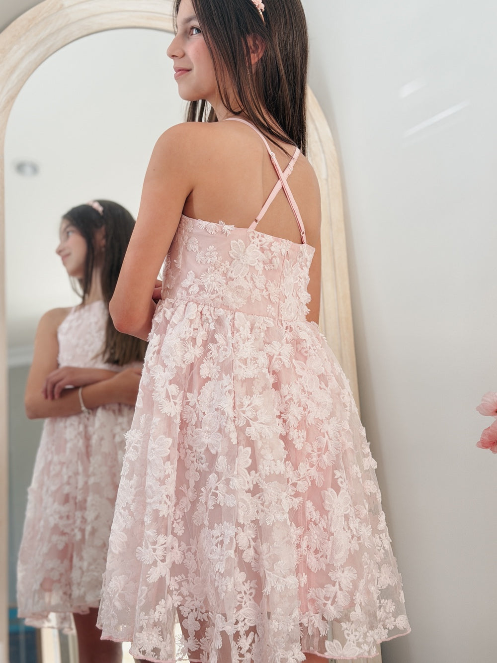 Pink embroidered graduation tween dress