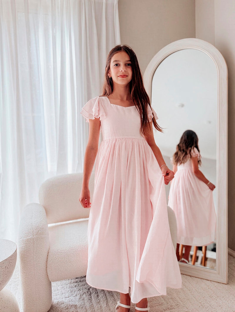 Catalina Pale Pink Frill Sleeve Chiffon Dress - A Little Lacey