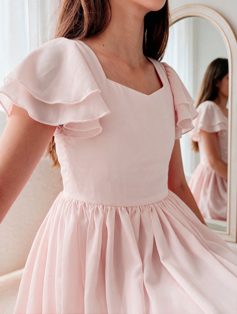 Catalina Pale Pink Frill Sleeve Chiffon Dress - A Little Lacey