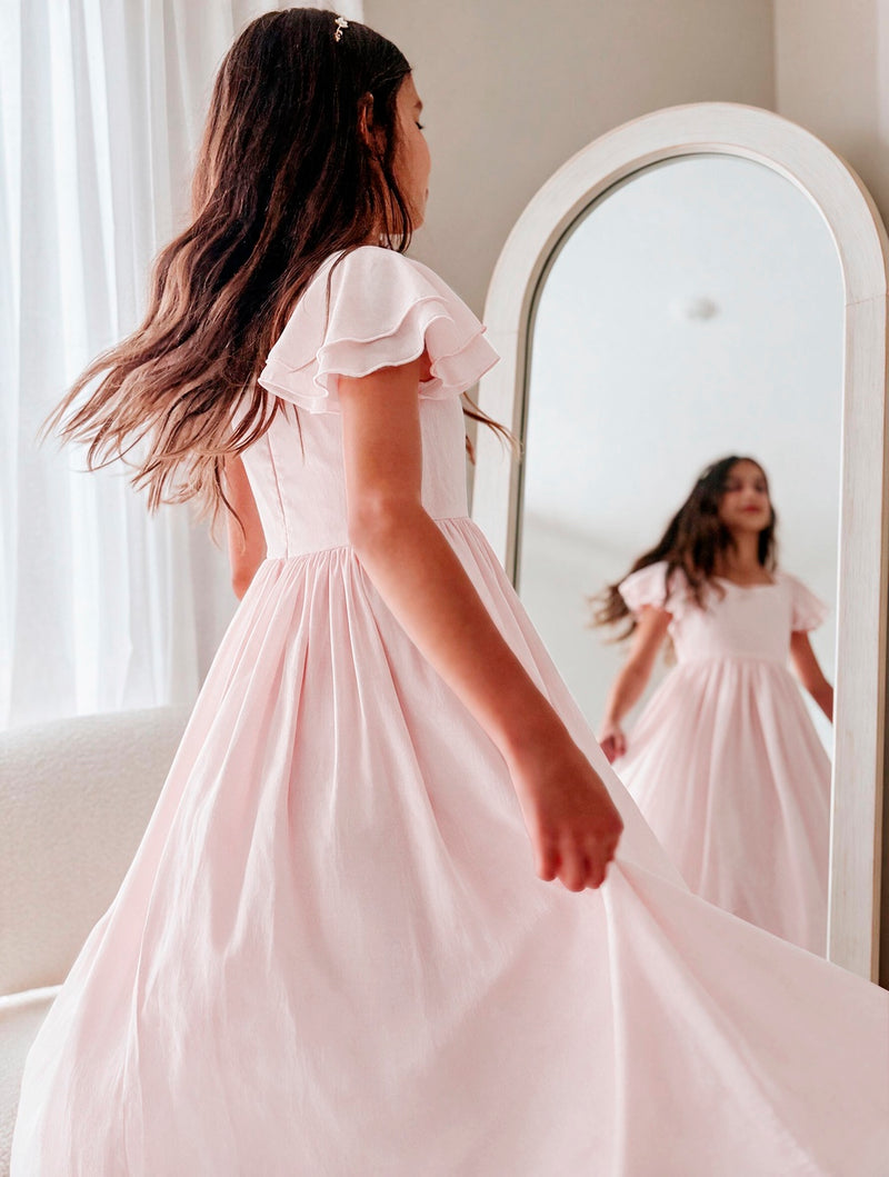 Catalina Pale Pink Frill Sleeve Chiffon Dress - A Little Lacey