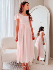 Catalina Pale Pink Frill Sleeve Chiffon Dress - A Little Lacey