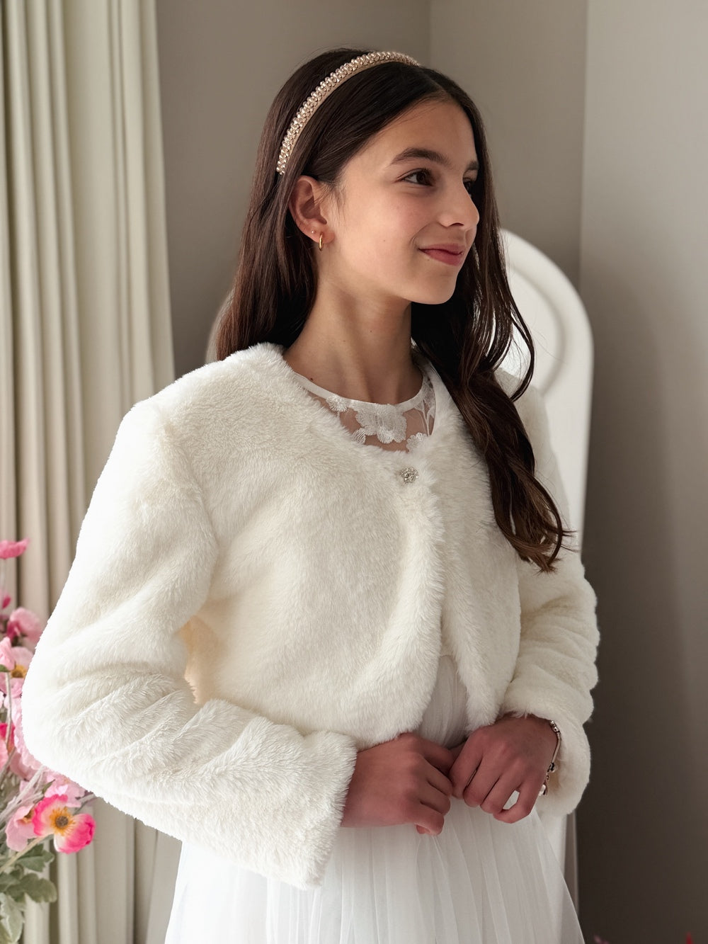 Celine ivory fluffy jacket for girls special occasion outfits