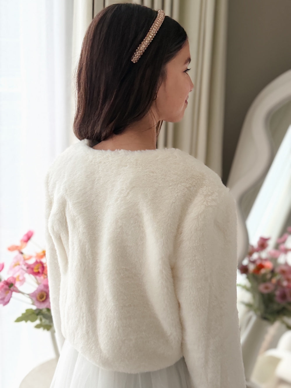 Girls ivory faux fur jacket for weddings and formal events