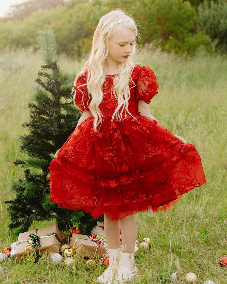 Vienna girls red Christmas dress – Embroidered holiday dress with tulle bow