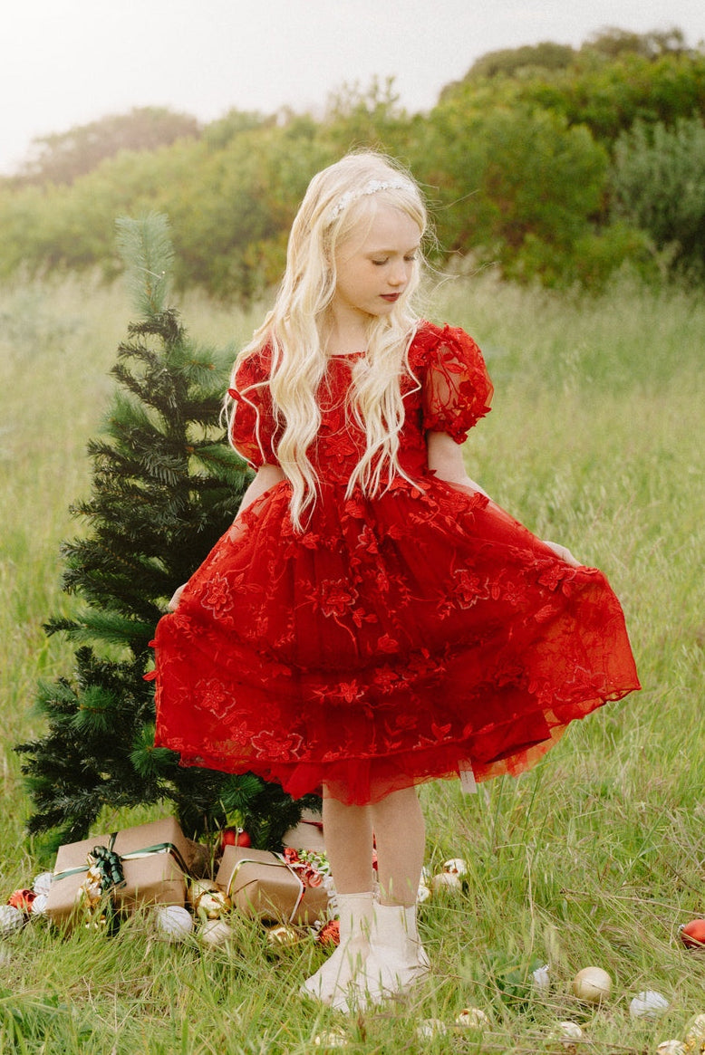 Vienna Girls Christmas Embroidery Dress - Red