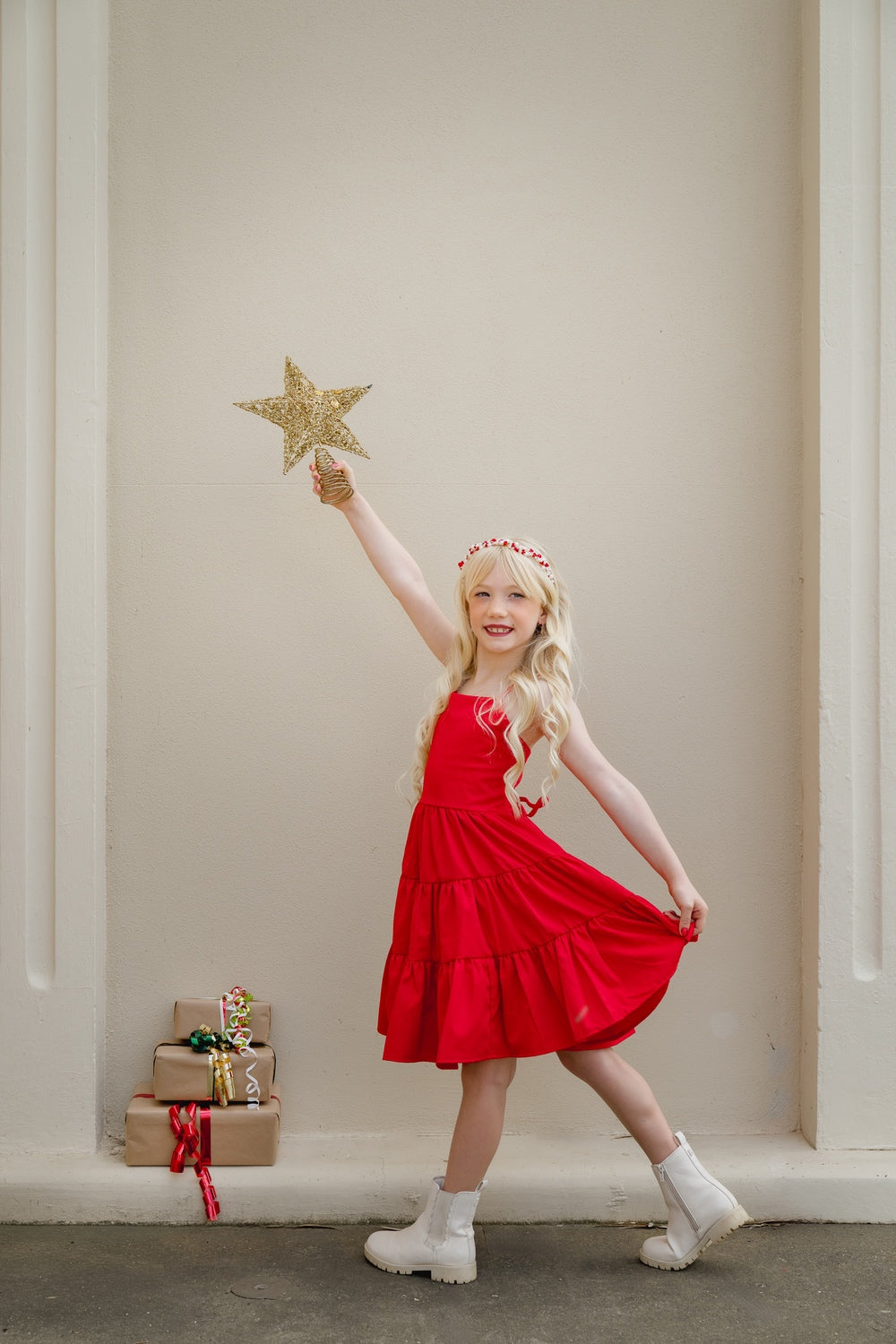 Red knee-length girls Christmas dress perfect for Year 6 graduation or parties