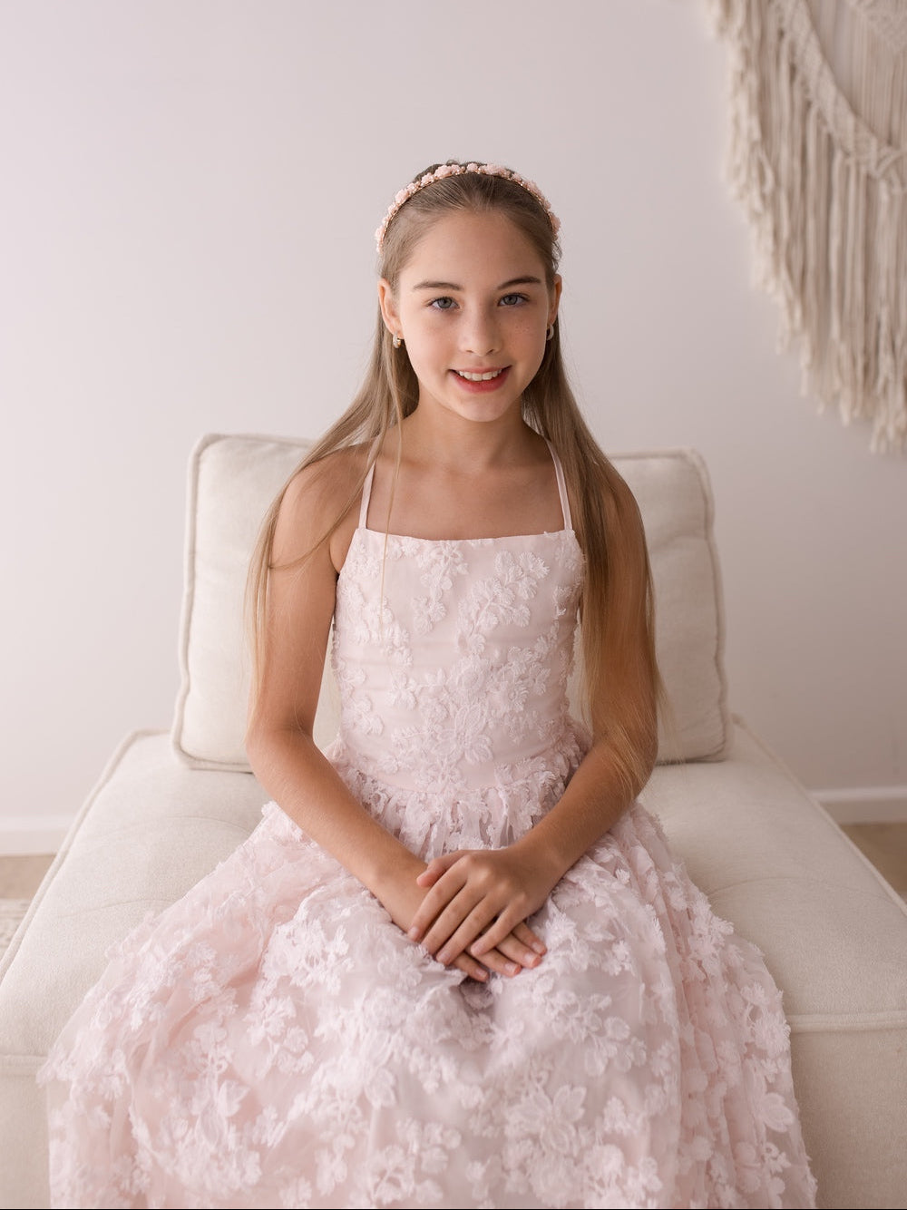 Clarissa Light Pink 3D Flower Girl Dress with floral tulle detailing for weddings