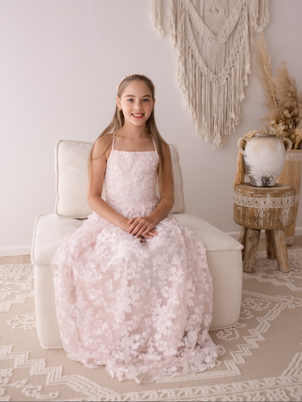 Girls light pink flower girl dress with 3D floral appliques and soft tulle skirt