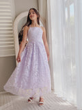 Clarissa lilac 3D flower girl dress with flowing skirt.