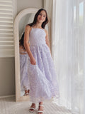 Clarissa lilac 3D flower girl dress, full-length view beside an arched mirror.