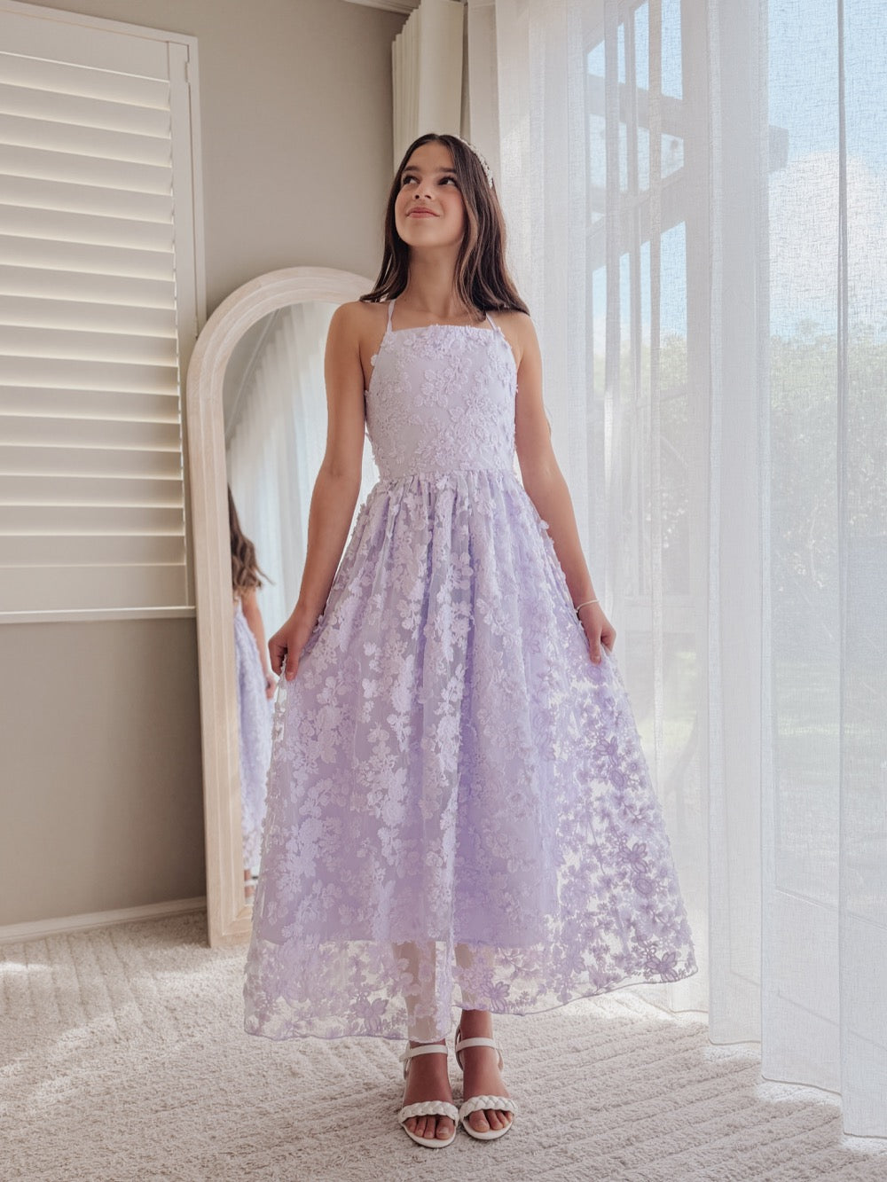 Clarissa lilac 3D flower girl dress, full-length front view.