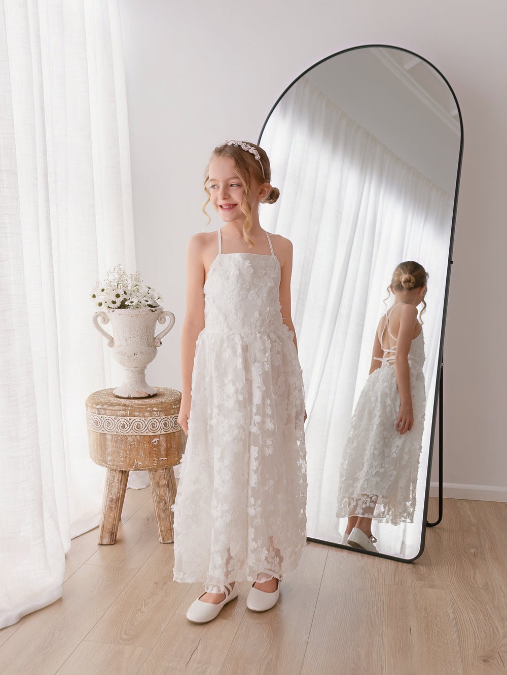 Elegant full-length white flower girl dress for weddings