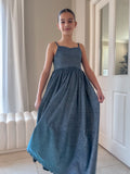 Claudia blue-green girls evening dress with flowing full-length skirt.