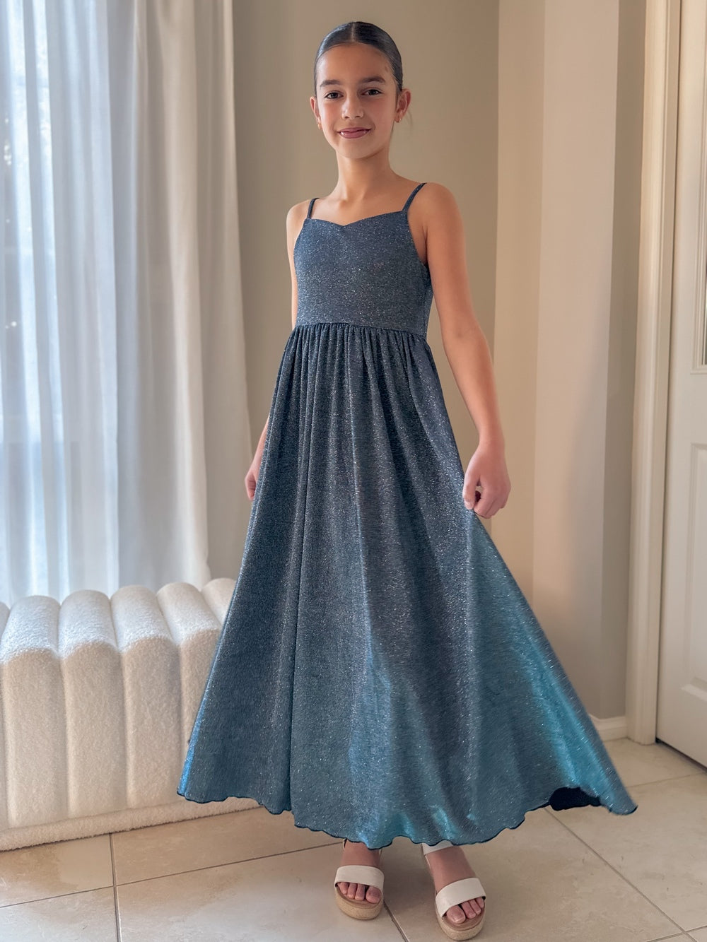 Claudia blue-green girls formal dress, full-length front view.