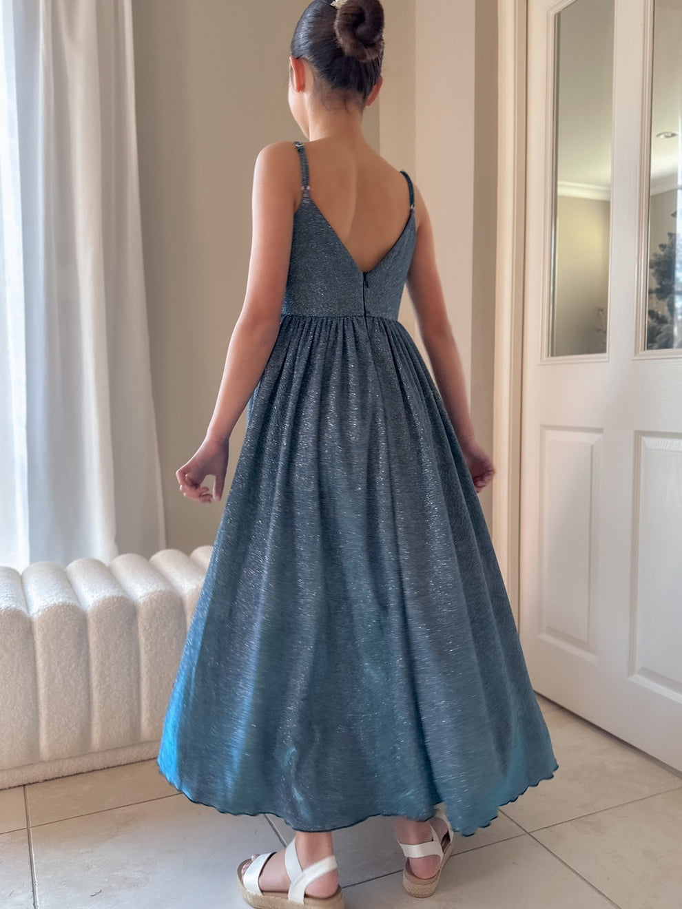 Claudia blue-green girls formal dress, full-length back view.