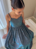 Claudia blue-green girls formal dress, gathered waist and skirt detail.