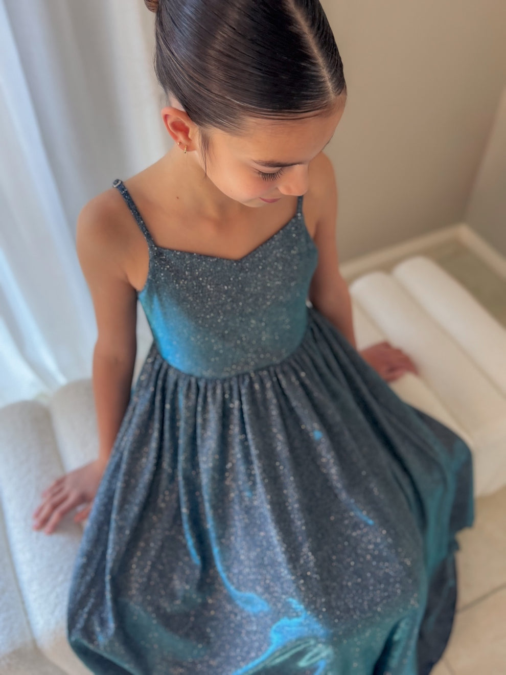 Claudia blue-green girls formal dress, gathered waist and skirt detail.