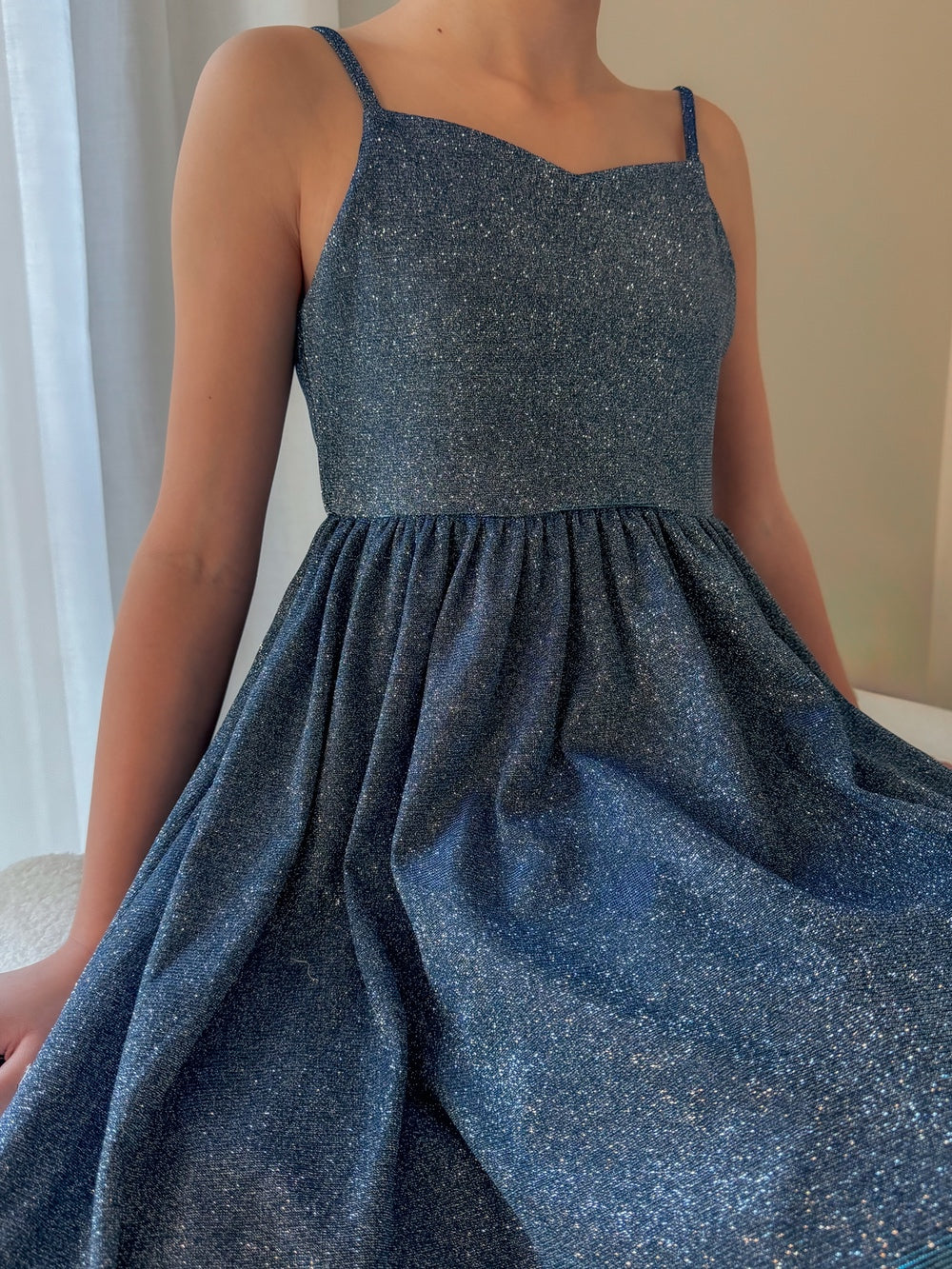 Claudia blue-green girls formal dress, shimmering bodice close-up.