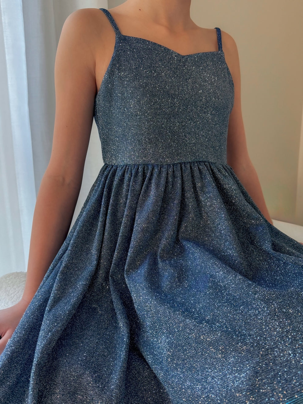 Claudia blue-green girls formal dress, shimmering bodice close-up.