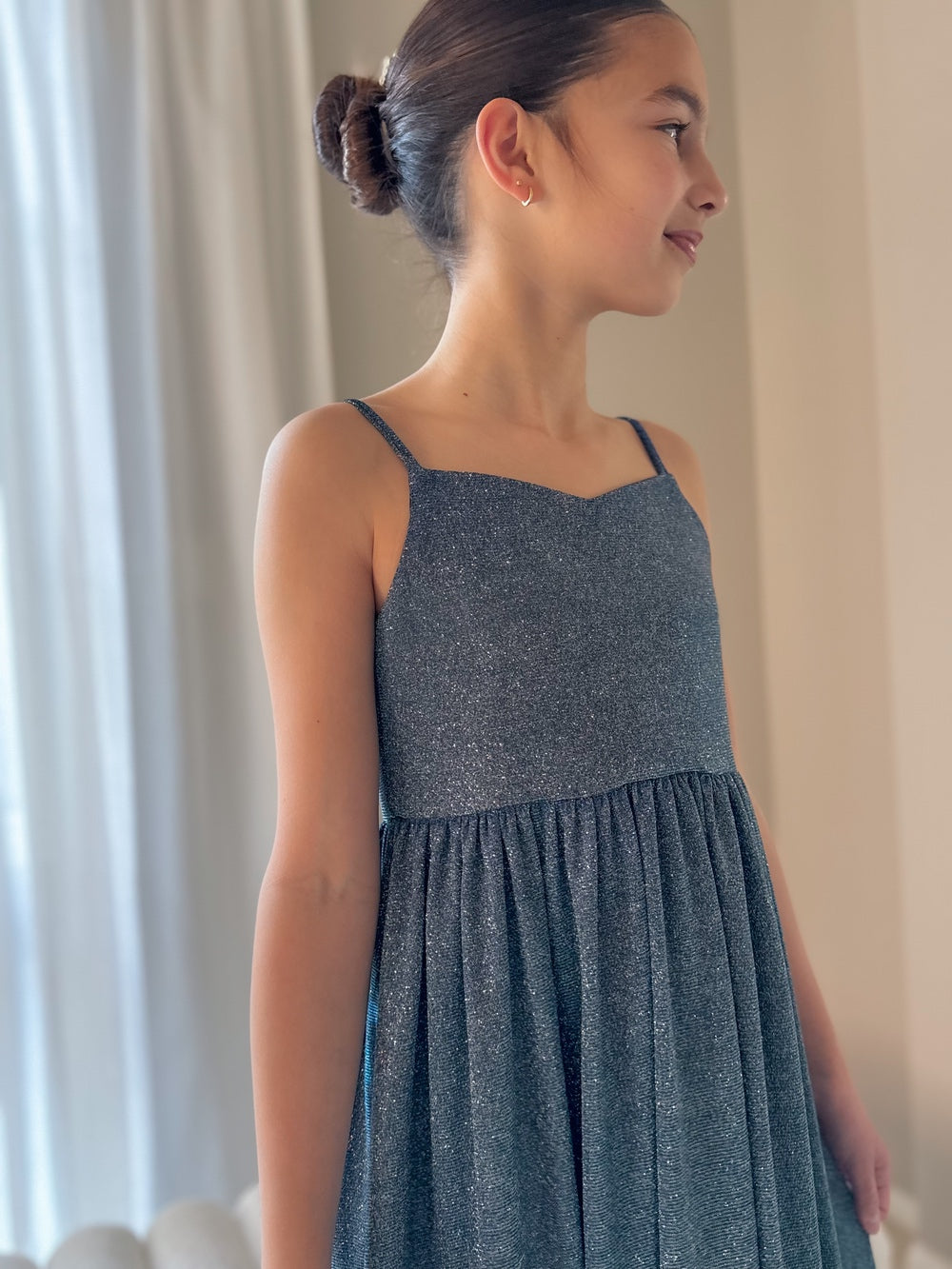 Claudia blue-green girls graduation dress, front bodice view.