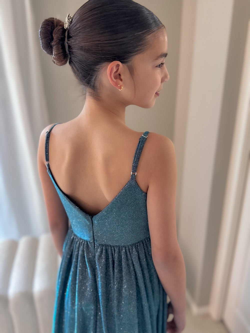 Claudia blue-green girls formal dress, V-back close-up.