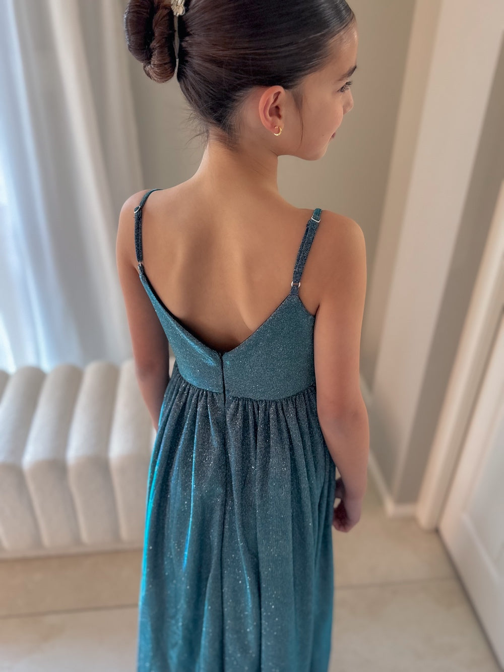 Claudia blue-green junior bridesmaid dress, three-quarter back view.