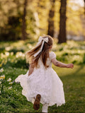Girls white puff sleeve flower girl dress