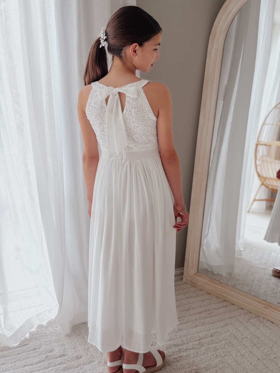 White lace bodice girls formal dress sleeveless high neckline