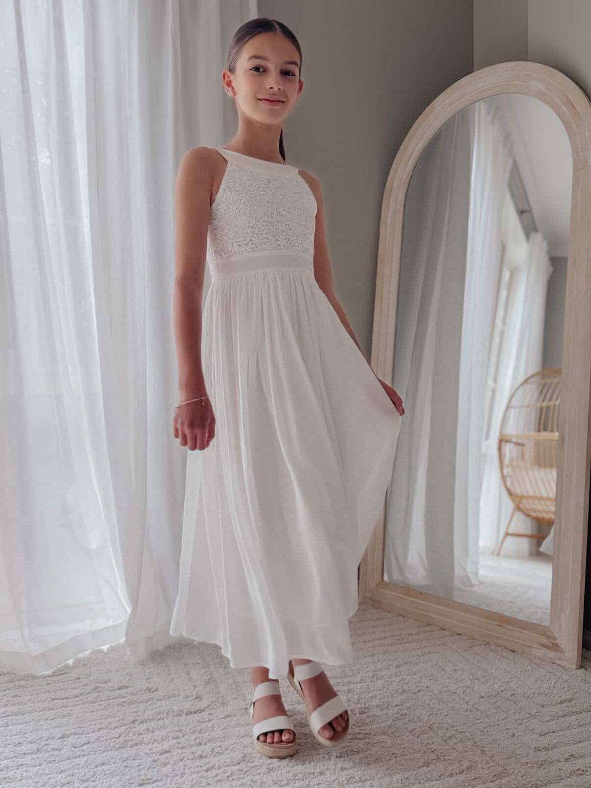 Girls white ceremony dress mid length flowing chiffon skirt