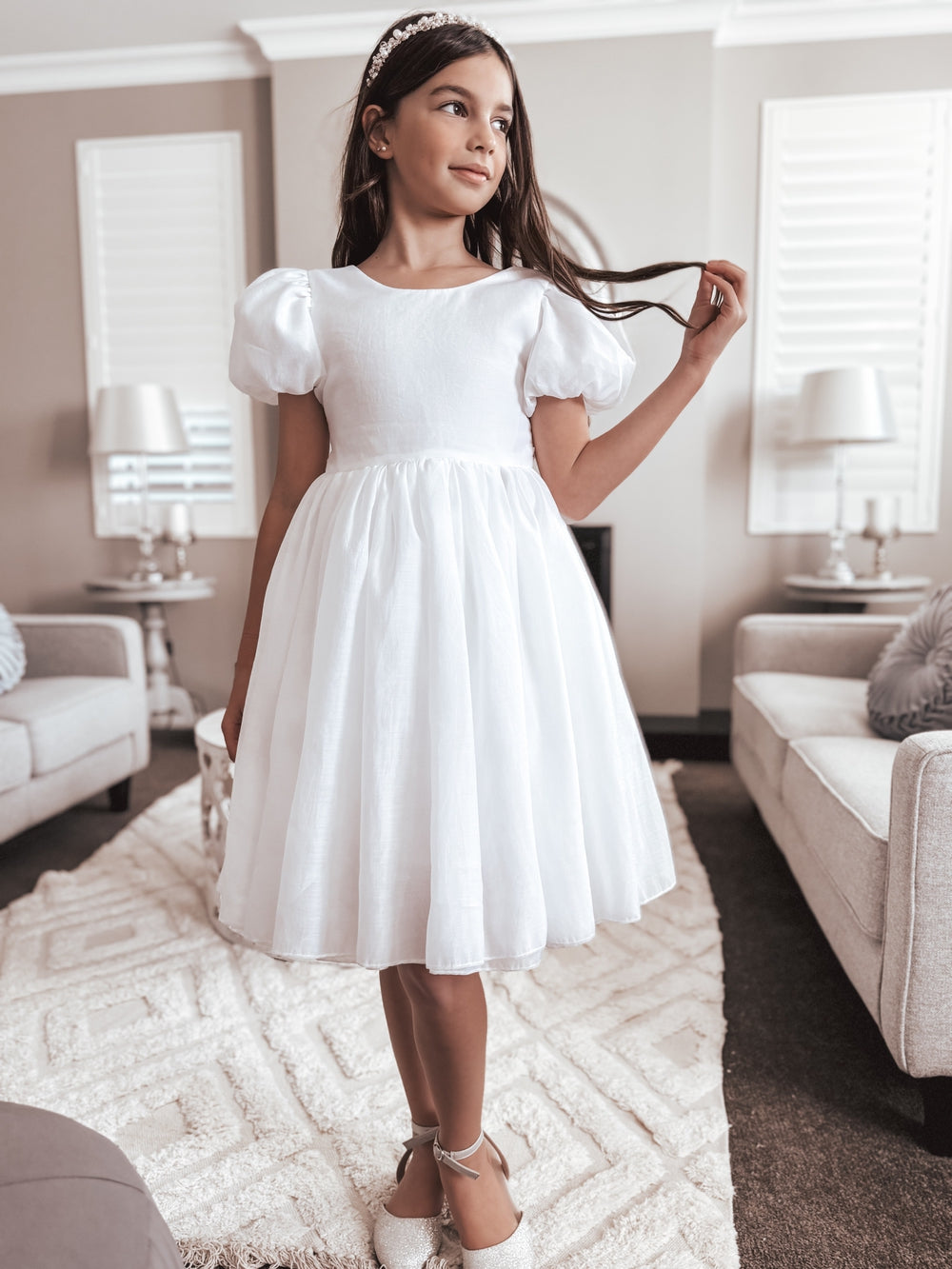 White flower girl dress, knee length V back for special occasions