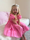 Hot pink flower girl dress with V-back and large bow – Delia girls special occasion dress