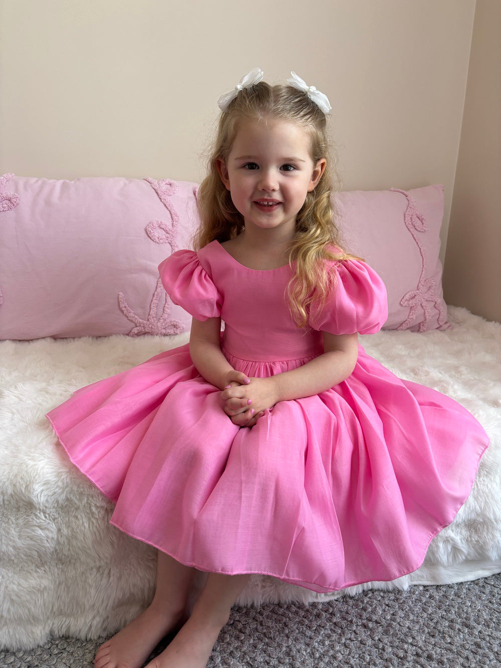Delia hot pink girls party dress with cotton lining and elegant V-back bow