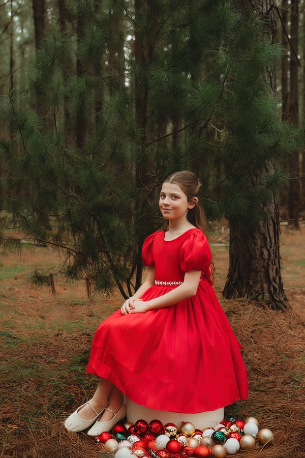 beautiful red girls xmas dress, cotton blend fabric, puff sleeve girls xmas dress
