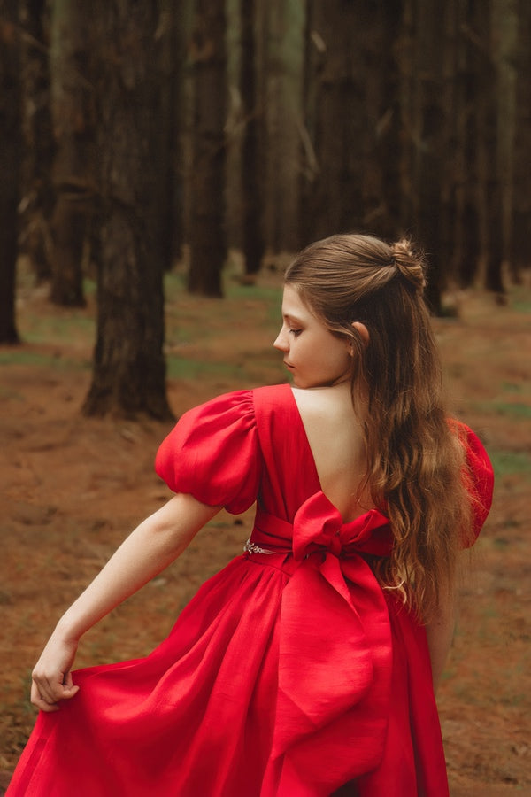 girls red Christmas dress, luxury xmas dress with V back and big bow, Christmas dress for tween girls