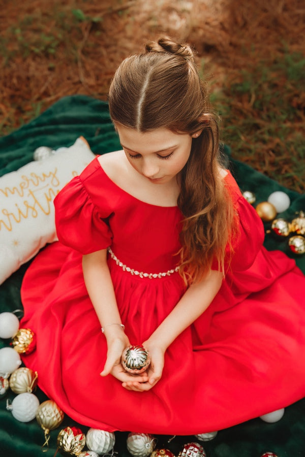 Delia Girls Red Christmas Dress - Christmas Dresses and Rompersgirls red xmas dress, luxe Christmas dress with pretty sparkle belt, high quality girls red Christmas dress