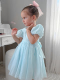 Pale blue girls special occasion dress with soft shimmer and classic silhouette