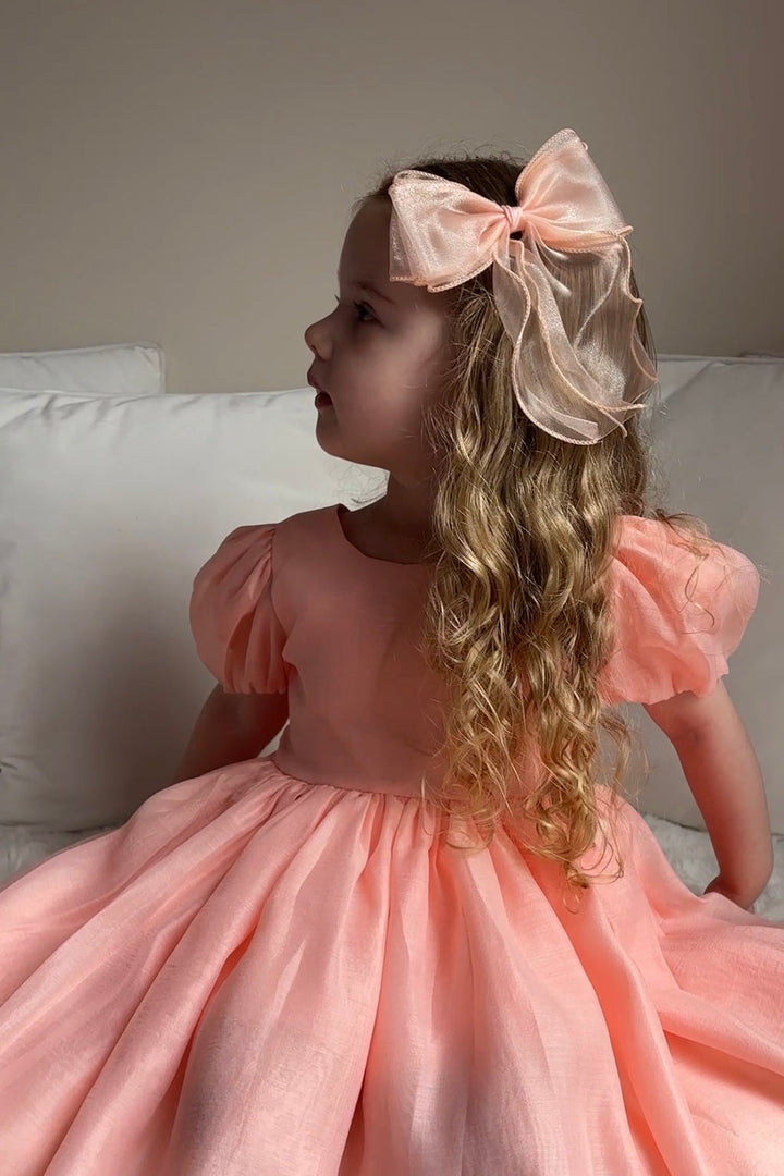 Peach organza curly bow for girls with flowing tails