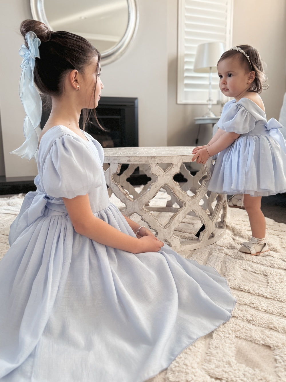 Girls and baby matching pretty blue flower girl dresses