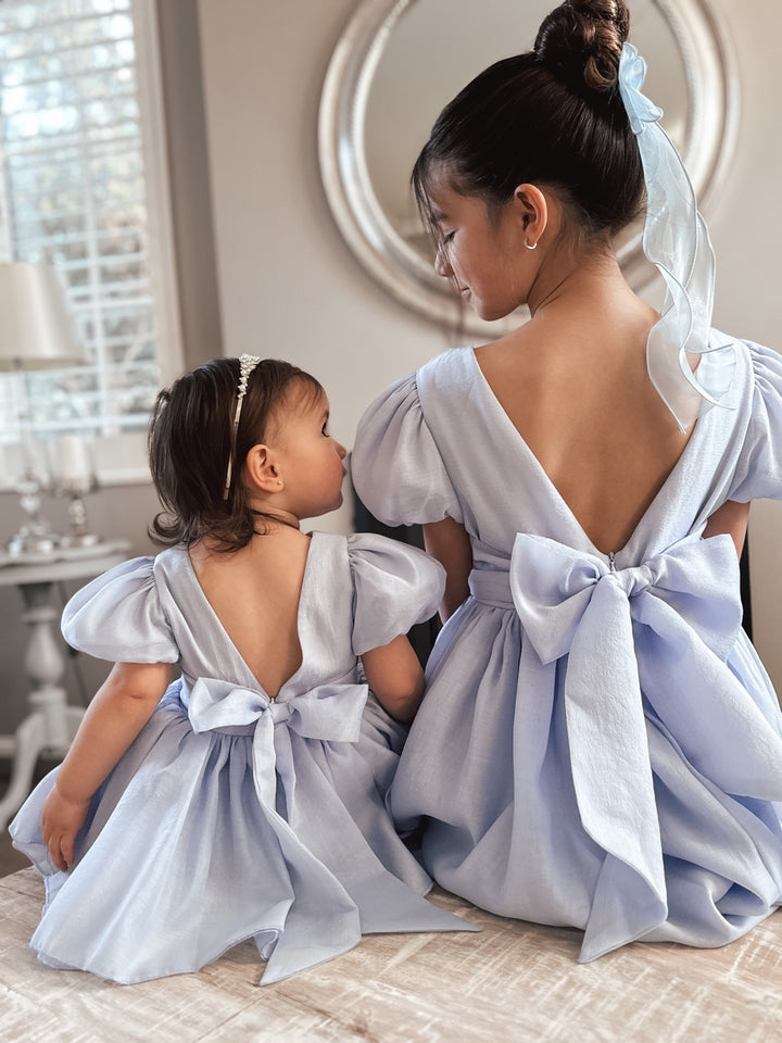 Sister matching dusty blue flower girl dresses