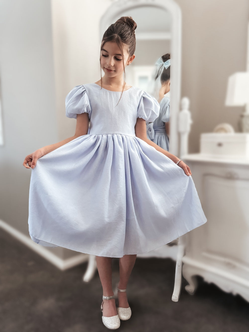 Girls dusty blue flower girl dress - front