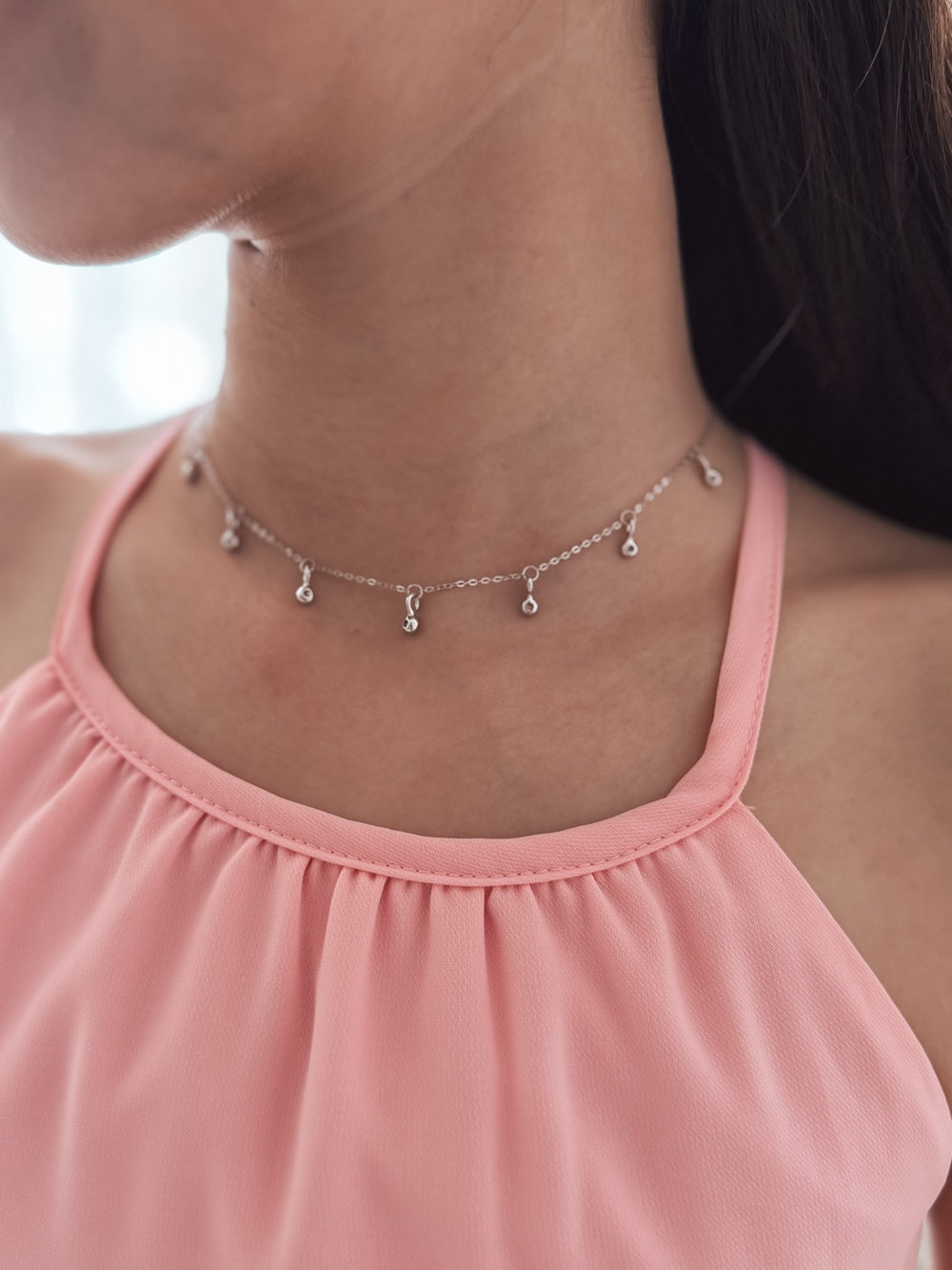 Dewdrop Sparkle Girls Silver Necklace - All ProductsClose-up of Dewdrop necklace showing rows of diamante charms