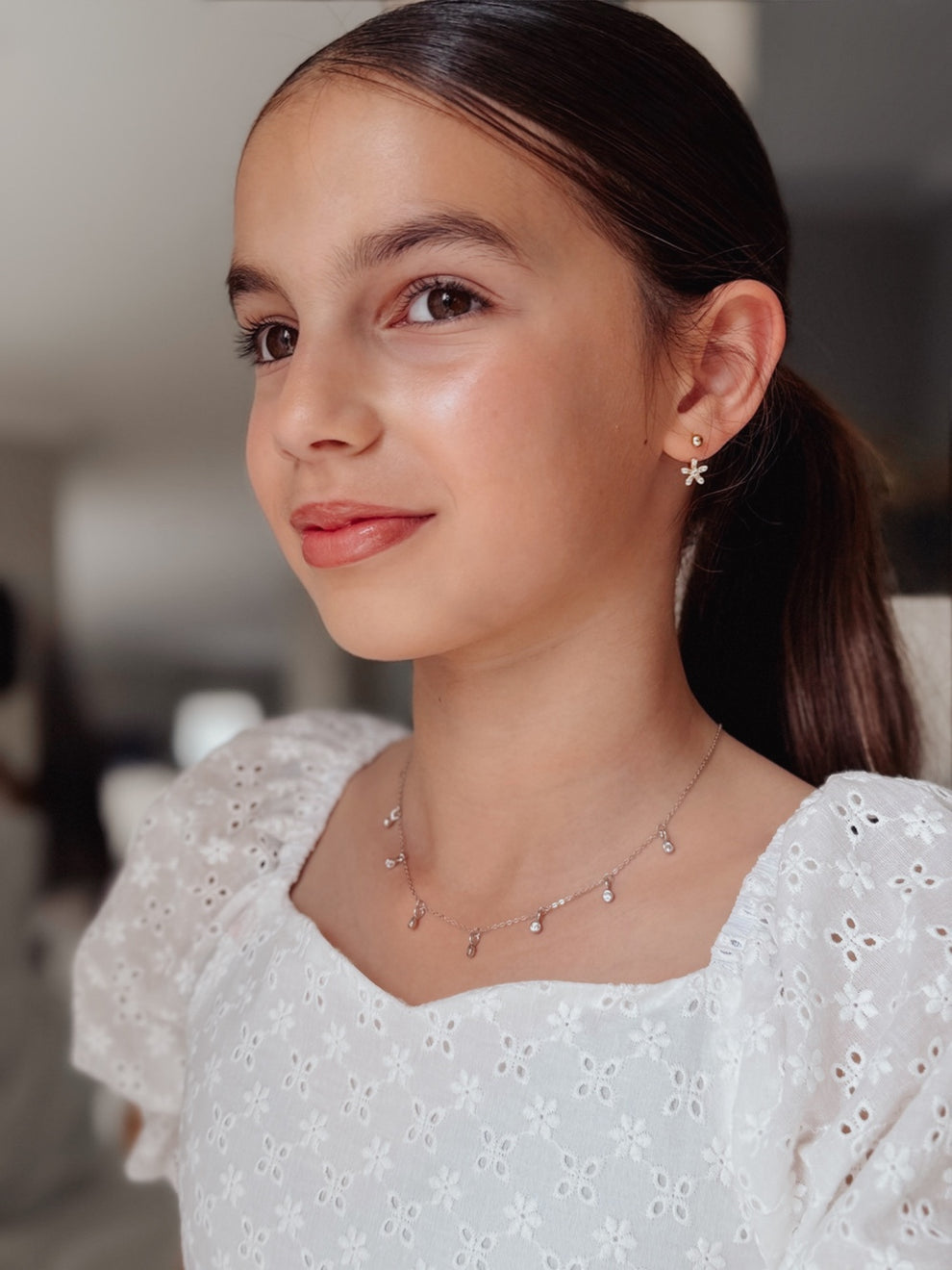 Shine‑accented girls necklace with delicate silver chain and charms