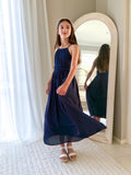 Navy girls graduation dress with flowing chiffon skirt