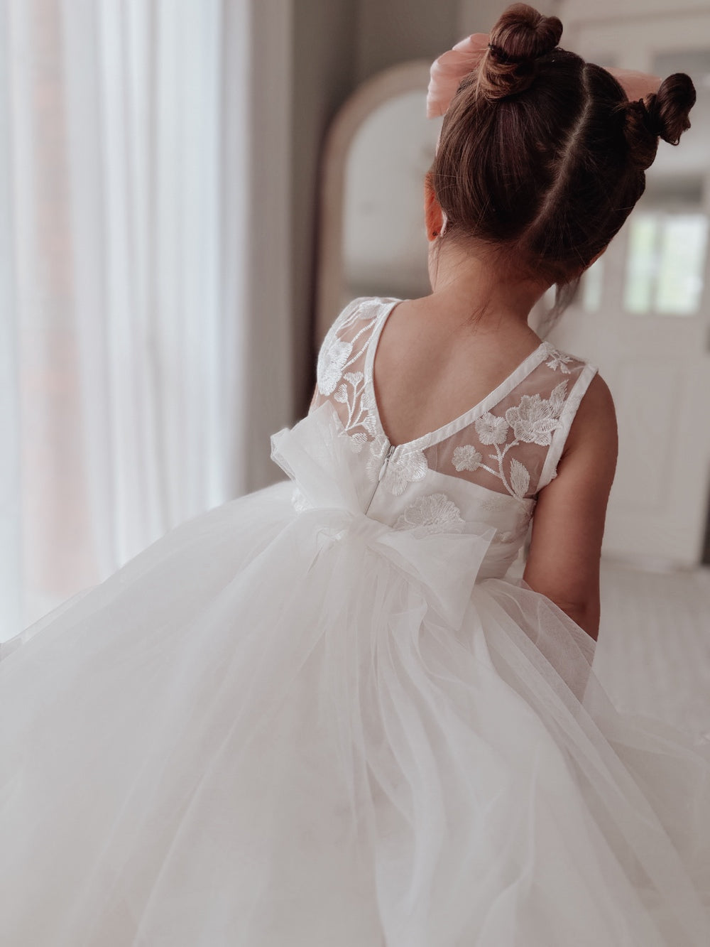 White tea length First Communion dress for girls with V-back detail